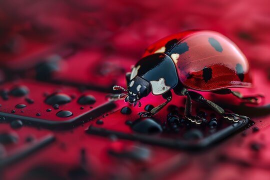 Closeup view of a ladybug on the edge of a laptop display, metaphorically representing the subtle and often overlooked bugs in software