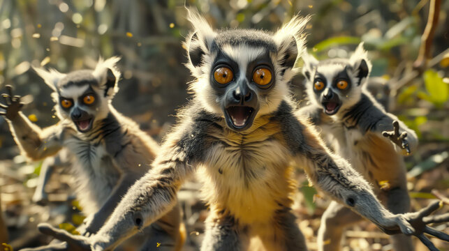 A troop of acrobatic lemurs entertains jungle creatures