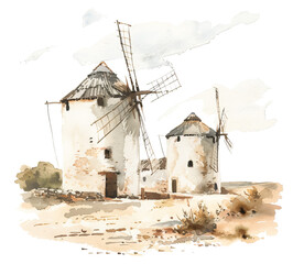 Watercolor painting of traditional windmills