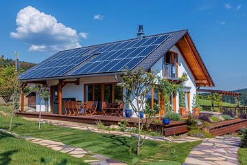 House with solar panels on the roof and walkway in the garden. Modern house with solar panels on the roof.