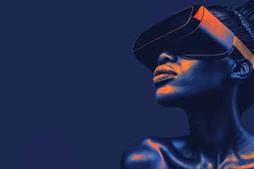Elegant side view of a woman wearing VR glasses against a deep blue background. Beautiful stylish girl in VR goggles headset. Sleek futuristic banner for virtual reality game, application. Copy space