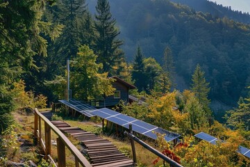 Solar panels are installed near a wooden house in a forest on a mountainside.