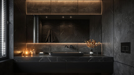 A bathroom with a black sink and a mirror. The mirror is reflecting the light from the window