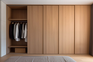 Modern wooden wardrobe with clothes hanging on a rail and a basket on the floor