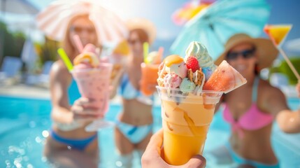 close-up of hands toasting with summer ice cream at a poolside party