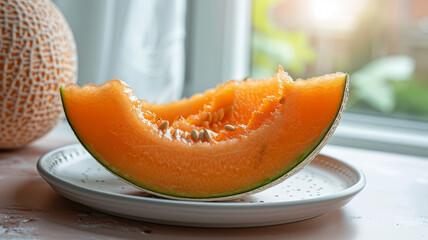 A slice of cantaloupe on a plate