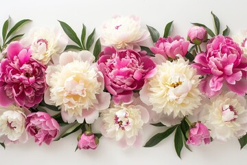 Flowers composition. Flat lay. Top view. Border frame made of pink and beige peonies isolated on white background. Gentle peonies and ranunculus. Beautiful backdrop for design. Floral assorted peony
