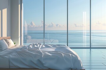 Tranquil Oceanfront Bedroom with Expansive Sea View and Modern Decor