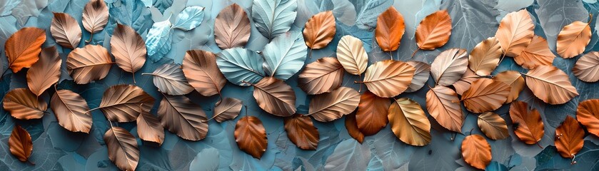 Patterned layout of dried leaves in a gradient from green to brown on a pastel grey canvas, showcasing seasonal change