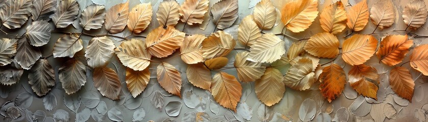 Patterned layout of dried leaves in a gradient from green to brown, showcasing seasonal change