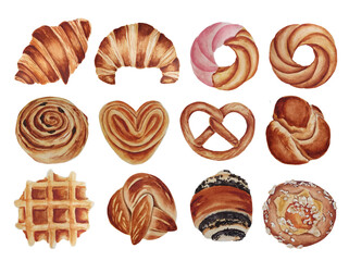 Watercolor baked crusty buns set. Classic bakery snack illustration. Homemade soft pastry collection. Pretzel, soft knot, waffle, croissant, butter ring cookies.