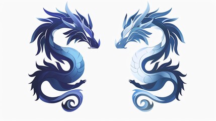 Stylized dragon icon in flat design, depicted in a looping pose with minimalist features and a dual color scheme