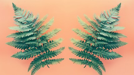 Symmetrical arrangement of fern leaves radiating outwards on a soft pastel peach background, emphasizing natural beauty