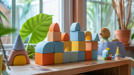 Colorful wooden building blocks on table.