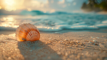 A seashell on a sandy beach at sunrise