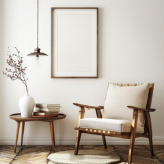 A white chair sits in front of a wooden table with a vase of flowers on it. The room is simple and minimalistic, with a focus on the natural beauty of the flowers