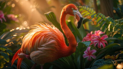 Flamingo among tropical foliage