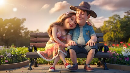 Romantic Couple Sitting In Park 3d Character Illustration