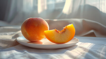 A peach and a peach slice on a plate.