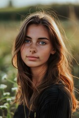 Portrait of a beautiful young woman with long hair in the field