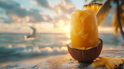 Pineapple smoothie on beach at sunset