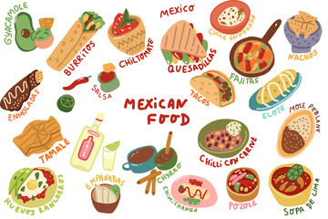 Mexican food hand drawn set. Guacamole, chiltomate, quesadillas, chile ennogada, nachos, enmoladas, burritos, tamale, tacos, fajitas, etc. Vector illustration isolated on white background. 