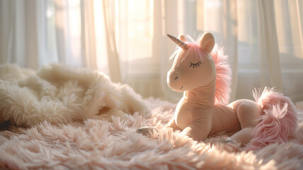 Stuffed unicorn toy in a cozy room.