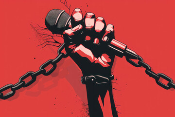 graphic illustration of a hand gripping a microphone with chains, music and freedom theme