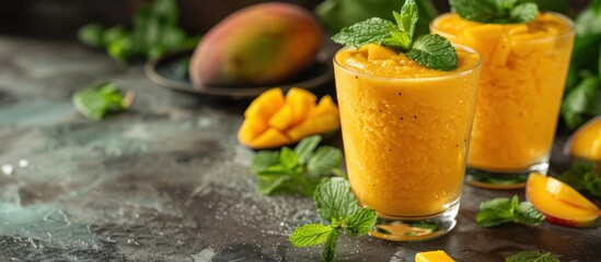 Honey Mango Lassi A Tropical Delight in a Colorful Copy Space