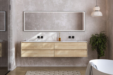 A bathroom with a large mirror and a wooden vanity with four drawers