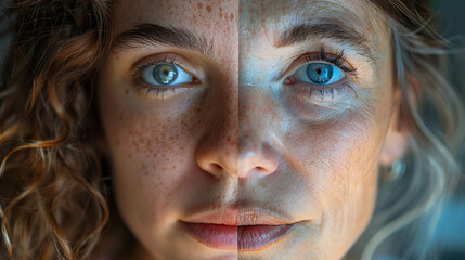 close-up of a woman divided into different stages of her life