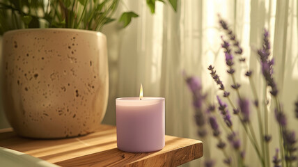 Lit lavender candle on wooden shelf