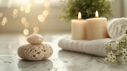 The serene spa background showcases a clean and beautiful pattern with a white cloth candle and body pumice stone adding to the relaxation, Generated by AI