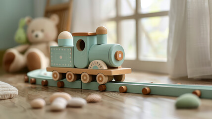 A wooden toy train in a child's room.