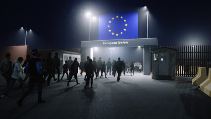 People walk through the border checkpoint gate to Europe union at night - 3D rendered