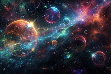 A beautiful space nebula with colorful planets and stars.