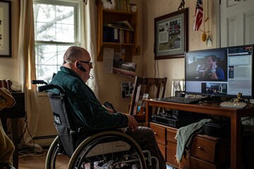 A man in a wheelchair is sitting in front of a computer, engaging in a video conference call from home - obrazy, fototapety, plakaty
