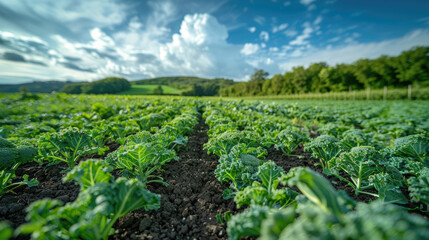 Lush broccoli field under clear blue sky