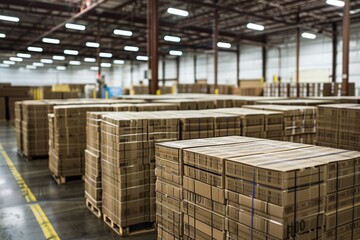A high-angle view of a large warehouse filled with neatly stacked cardboard boxes, showcasing organization and efficiency in shipping logistics
