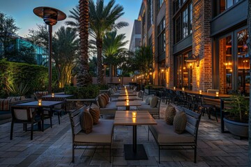 An outdoor dining area with tables and chairs set up for guests during dusk with warm ambient lighting, creating a cozy and inviting atmosphere