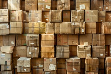 A high-angle view of a large pile of cardboard boxes neatly stacked on top of each other in a warehouse, showcasing organization and efficiency in shipping logistics