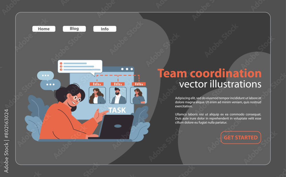 Poster team coordination and task management set. project leader orchestrates team efforts.