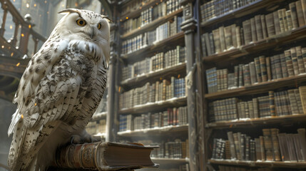 A white spectral owl guards an ancient library