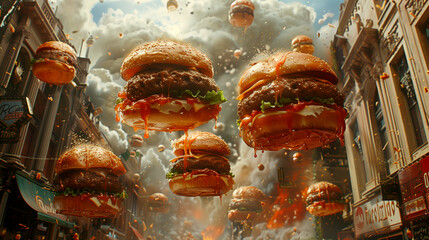 An Illustration of a Hamburger and fly on the sky