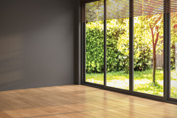 Empty room with black walls, parquet floor and view yard from window, simple minimalist interior...