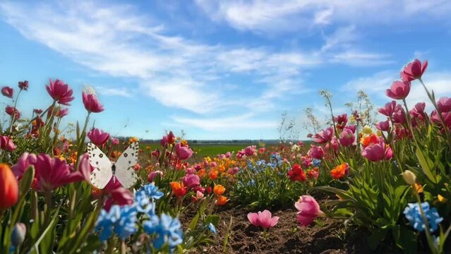 field of red tulips, seamless looping animation video background 