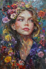 Oil painting of a beautiful young woman with flowers in her hair