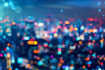 Multicolor bokeh lights illuminate a city at night, creating a vibrant and dynamic scene