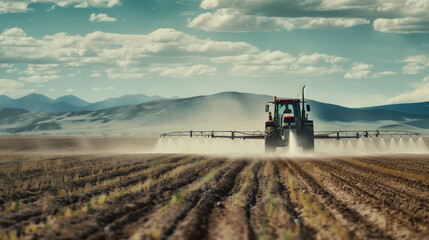 Fototapeta premium Precision Farming: Farmer Driving Automated Irrigation Equipment on Crop Farm. Generative AI.