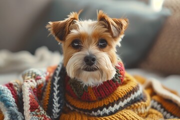 Portrait of a cute dog in a knitted plaid at home.